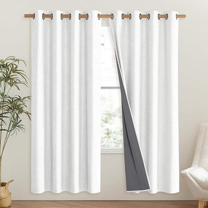 NICETOWN 100% Absolutely Blackout Linen Curtains with Thermal Insulated Liner, Greyish White, 52" Wide, 72" Length Energy Saving Curtains for Living Room 2 Panels Set, Vertical Blinds
