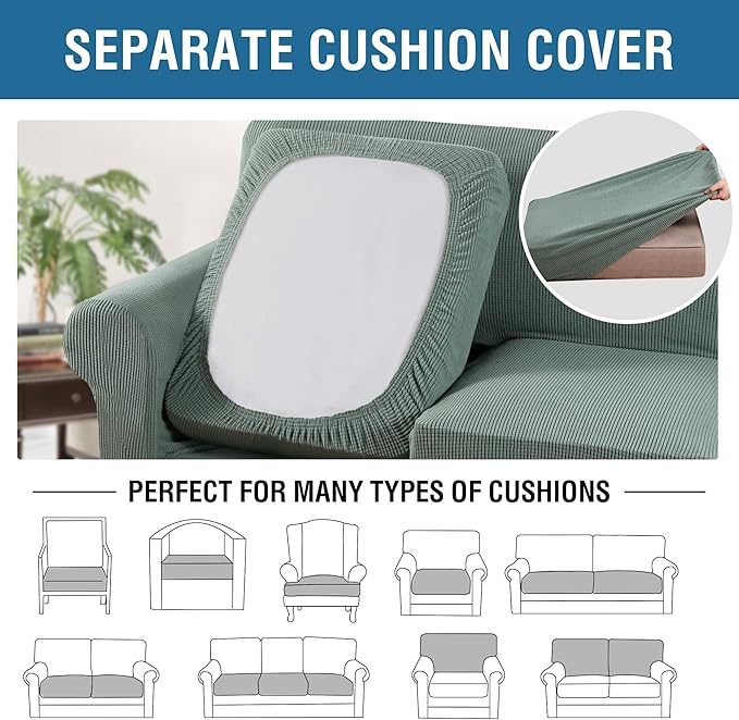 H.VERSAILTEX 4 Piece Stretch Sofa Covers for 3 Cushion Couch Covers for Living Room Furniture Slipcovers (Base Cover Plus 3 Seat Cushion Covers) Upgraded Thicker Jacquard Fabric (XL Sofa, Sage)