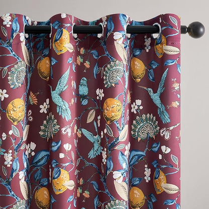 Rust Vintage Floral Curtains 84 Inch Long Luxury Whimsical Euro Flower Lemon Hummingbird Patterned Waverly Mid Century Colorful Blackout Drapes for Living Room Bedroom