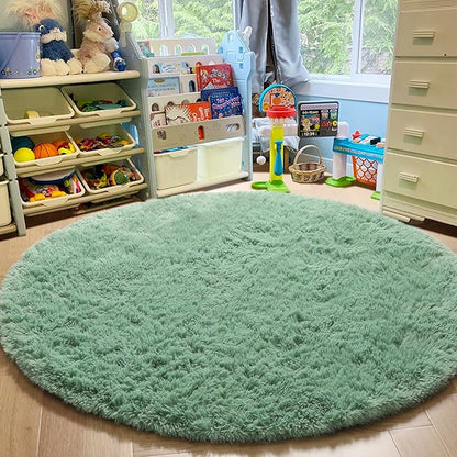 Amdrebio Sage Green Round Rug 4Ft for Bedroom Aesthetic, Fluffy Furry Circle Rugs for Nursery, Classroom, Teen Boys, Baby Kids Room Decor, Cute Shaggy Area Rug for Dorm, Fuzzy Plush Light Mint Carpet
