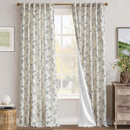 jinchan Floral Curtains Lined Linen Blend Curtain for Living Room 96 Inch Length Black Farmhouse Flower Patterned Curtain French Country Curtains Drapes Back Tab Rod Pocket 2 Panels