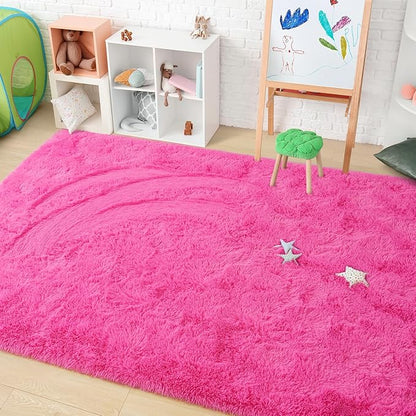 Amearea Shag Fluffy Area Rug for Bedroom Girls Living Room, Extra Soft and Fuzzy Shaggy Rugs, Non Slip, Solid Color Carpet Mat for Boys Nursery Home, Hot Pink 5.3x7.5 Feet