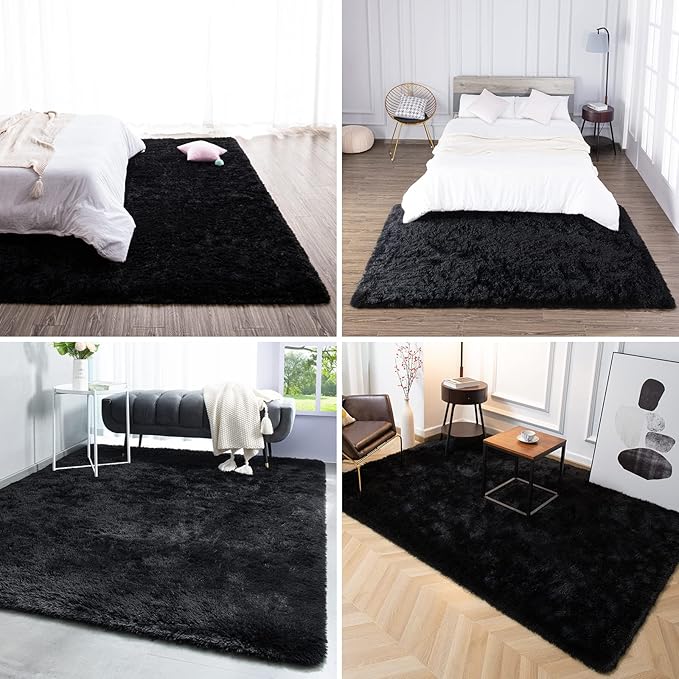 TWINNIS Super Soft Shaggy Rugs Fluffy Carpets 9x12 Feet, Indoor Modern Plush Area Rugs for Living Room Bedroom Kids Room Nursery Home Decor, Upgrade Anti-Skid Fuzzy Rug, Black