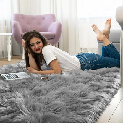 LOCHAS Soft Fluffy Faux Fur Rugs for Bedroom Bedside Rug 2x4 Feet, Washable, Furry Sheepskin Area Rug for Living Room Girls Room, Luxury Shag Carpet Home Decor, Grey