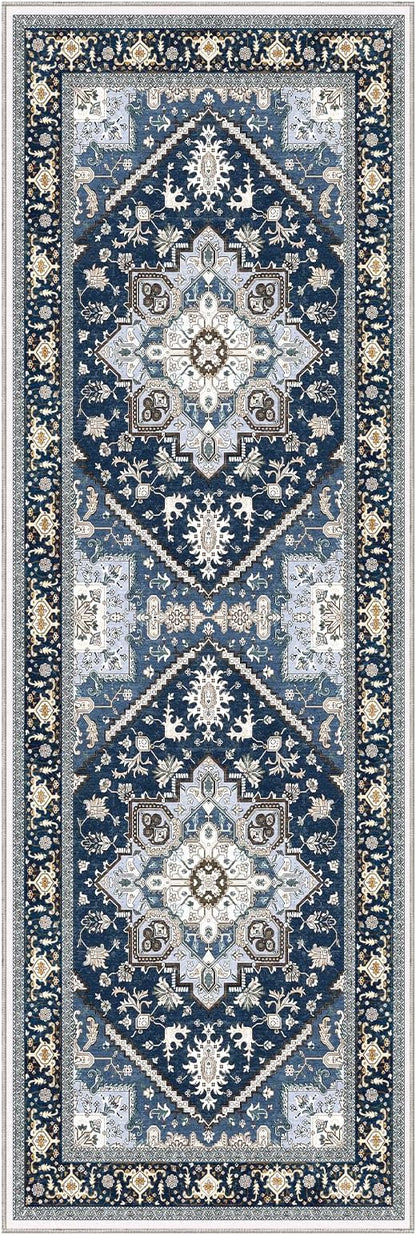 OPPODREAM Soft Entryway Rug 2x6, 2x6 Rug Runner, Washable Hallways Carpet 2 x 6 with Non Slip Backing, Low-Pile Bedside Carpet 2 x 6, Long, Faux Cashmere, Navy Blue & Gold