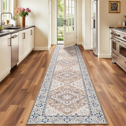 Lofus 2'6"x14' Runner Rug for Hallways, Washable Kitchen Rugs, Non-Slip Rugs for Entryway and Bedroom, Vintage Boho Carpet, Soft Low Pile Long Runner Area Rug, Floral Brown