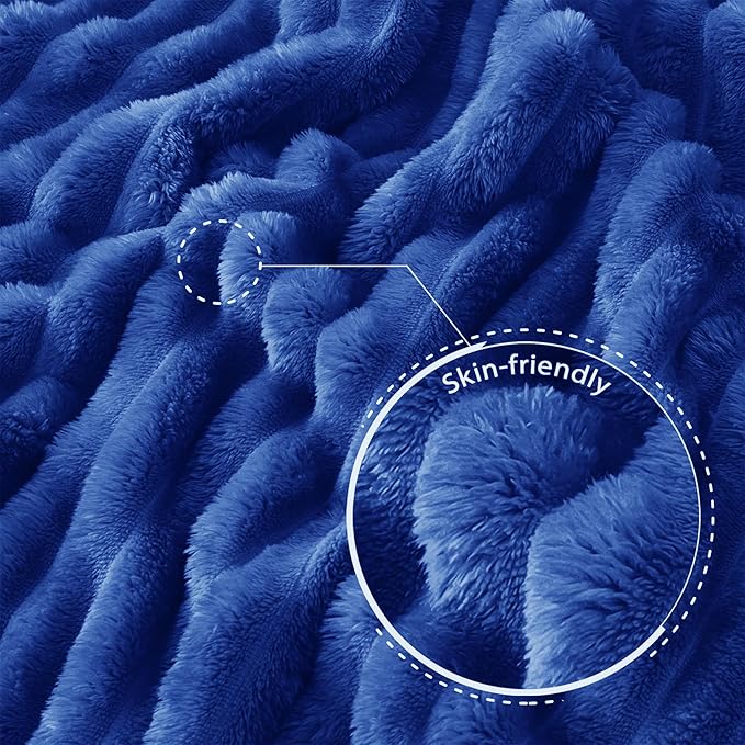 Exclusivo Mezcla Queen Size Flannel Fleece Blanket, Super Soft Striped Jacquard Bed Blanket, Lightweight Fuzzy Cozy for All Seasons, 90x90 Inches, Cobalt Blue