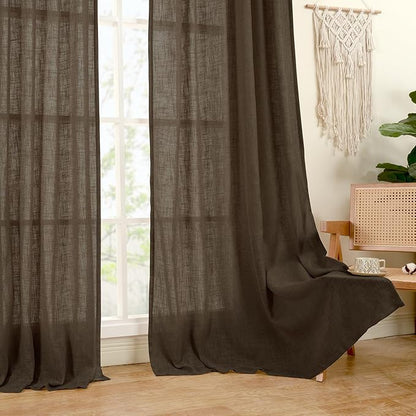 LAMIT Linen Curtains 68 Inch Length 2 Panels, Light Filtering Panels Back Tab and Rod Pocket Neutral Drapes for Bedroom/Window/Living Room, Dark Brown, 52 x 68 Inch