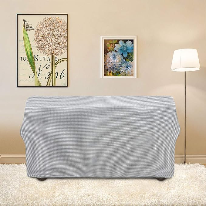 Easy-Going Stretch Loveseat Slipcover 1-Piece Sofa Cover Furniture Protector Couch Soft with Elastic Bottom for Kids Polyester Spandex Jacquard Fabric Small Checks (Loveseat, Silver Gray)