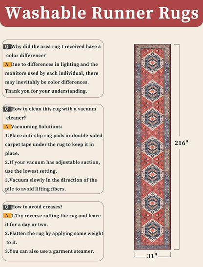 SERISSA Runner Rug for Hallways, 2'6"x18' Washable Non Slip Kitchen Runner Rug, Extra Long Boho Rug Ultra Soft Vintage Rust Print Floor Carpet for Hallway Living Room Dining Room Bedroom