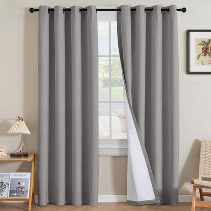 H.VERSAILTEX Linen Curtains 100% Blackout Curtains for Bedroom 96 inch Long Full Light Blocking Nature Linen Blended Window Curtains for Living Room Nickel Grommet (2 Panels, Heathered Dove)