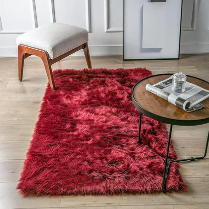 Ashler faux fur rug, Fluffy Shaggy Area Rug Ultra Soft 3 x 5 Feet Rectangle Fur Rug Deep Red Fuzzy Rug Machine Washable Shag Rug, Nursery Decor Throw Rugs for Bedroom, kids room, Living Room