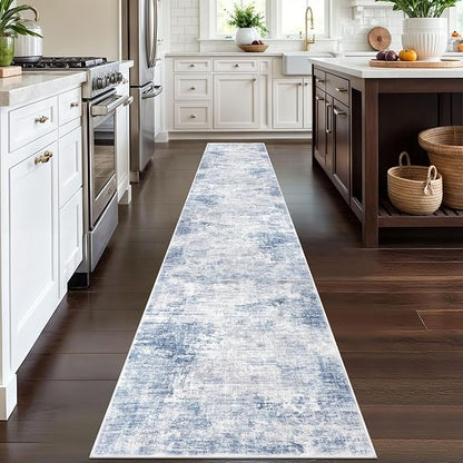 IOHOUZE Abstract Runner Rug 2x12 Ft Washable Runners for Hallways, Non Slip Kitchen Runner Printed Faux Wool Entryway Runner Indoor, Modern Abstract Floor Carpet for Hall Kitchen, Light Blue Grey