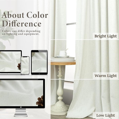 Ivory Blackout Curtains 90 Inches Long 2 Panel Light Blocking Patio Drape for Sliding Glass Doors Rustic Country Curtain for Nursery Bedroom Thick Linen Cotton Textured Off White Back Tab Pocket 52x90