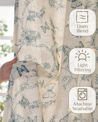 jinchan Floral Linen Curtains for Living Room 84 Inch Length Butterfly Curtain Blue Floral Curtains French Country Farmhouse Curtain Flower Patterned Drapes Window Treatment Set 2 Panels