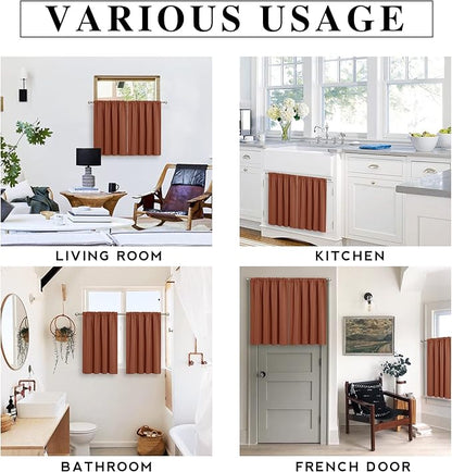 RYB HOME Basement Bathroom Kitchen Cafe Blackout Privacy Curtains, Short Insulating Light UV Heat Blocking Privacy Curtain Tiers for Laundry Room, Width 34 by Length 30, Burnt Orange, 2 Panels