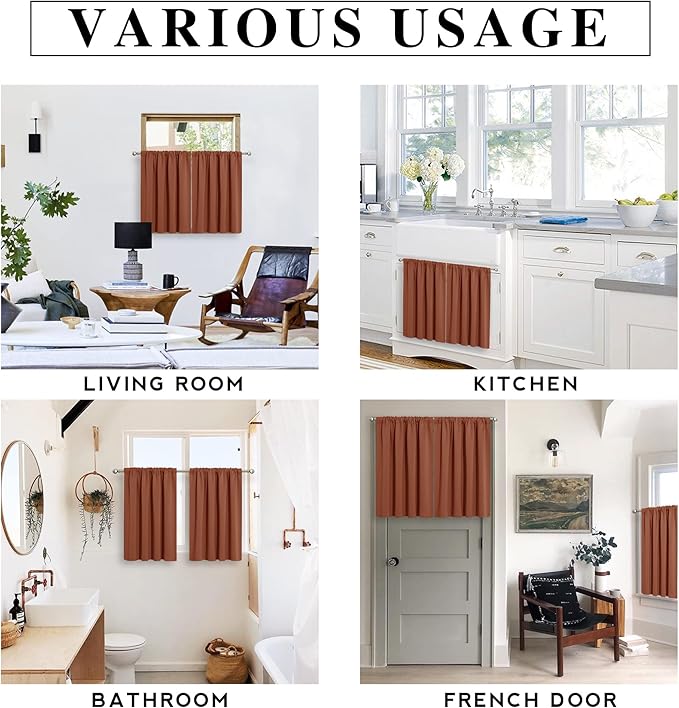 RYB HOME Short Blackout Curtains for Bedroom, Room Darkening Insulated Summer Heat Light UV Blocking Energy Saving Drapes for Nursery, Width 34 by Length 45, Burnt Orange, Set of 2