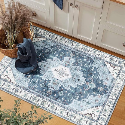 SERISSA Boho Rugs for Entryway, 2x3 Blue Entryway Rug Non-Slip Washable Small Area Rug, Ultra Soft Oriental Vintage Low-Pile Indoor Door Mat Floor Carpet for Entrance Bedroom Kitchen Bathroom