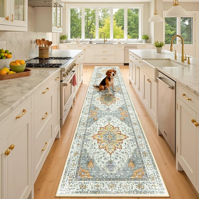 Area Rugs 3'x10' Runner Rug Non Slip Washable for Kitchen Hallway Bedroom Beside Laundry Room Bathroom Rug, Floor Carpet, Light Yellow Carbon Grey Orange