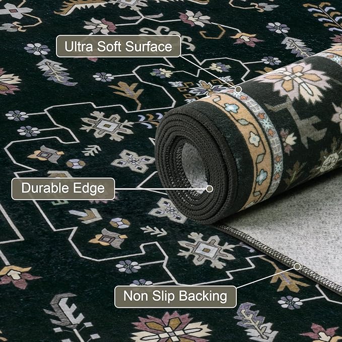 6x9 Area Rugs Living Room Rug: Washable Vintage Boho Medallion Rug No Slip Stain Resistant Soft Carpet Indoor Floor Large Carpets for Bedroom Dining Room Farmhouse Nursery Hallway Home Office Black