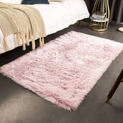 Ashler HOME DECO Soft Fox Faux Fur Chair Couch Cover Area Rug for Bedroom Floor Sofa Living Room Pink White Rectangle 3 x 5 Feet
