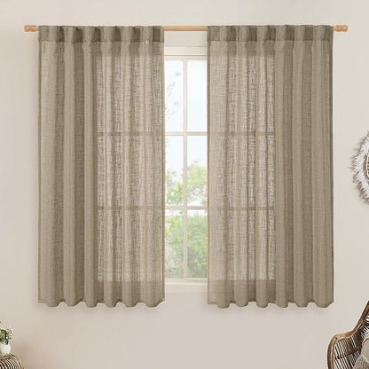 LAMIT Taupe Linen Curtains 54 Inch Length 2 Panels, Light Filtering Panels Back Tab and Rod Pocket Country Decor Drapes for Bathroom/Window/Bedroom, 52 x 54 Inch
