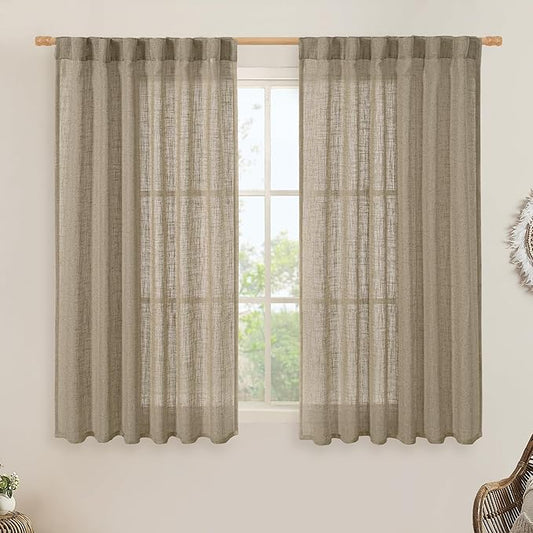 LAMIT Semi Sheer Linen Curtains 45 Inches Long, Light Filtering Panels Back Tab and Rod Pocket Country Decor Drapes for Farmhouse/Window/Bedroom, Taupe, 2 Panels, 52 x 45 Inch