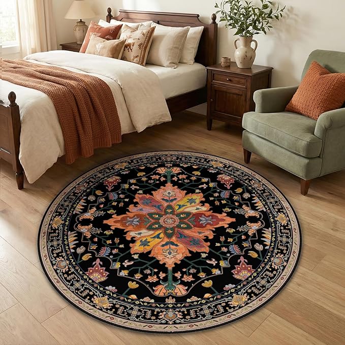 Area Rugs 4ft Washable Non-Slip, Floral Vintage Distress Print Pattern Medallion Carpet for Living Room Bedroom Dining Room, Black Colorful Floral Dark Tan