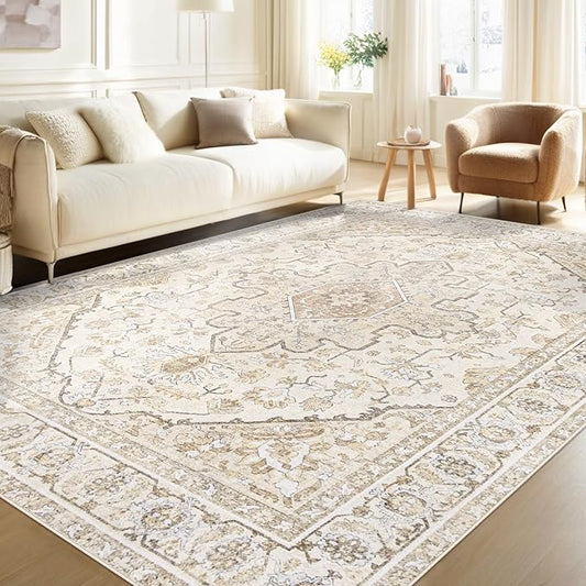Area Rugs 6x9 Vintage Rug: Washable Living Room Rug Retro Medallion Distressed Large Soft Low Pile Non-Slip Indoor Floor Carpet for Bedroom Kitchen Nursery Dining Table Office (BeigeBrown, 6'x9')