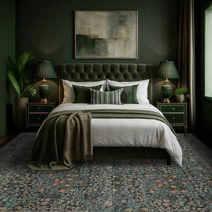 Washable Dark Green 10x12 Rug for Living Room - Extra Large Area Rugs for Dining Room Under Table, Bedroom, Soft Low Pile Non Slip Stain Resistant Carpet - Vintage Floral Design Non-Slip
