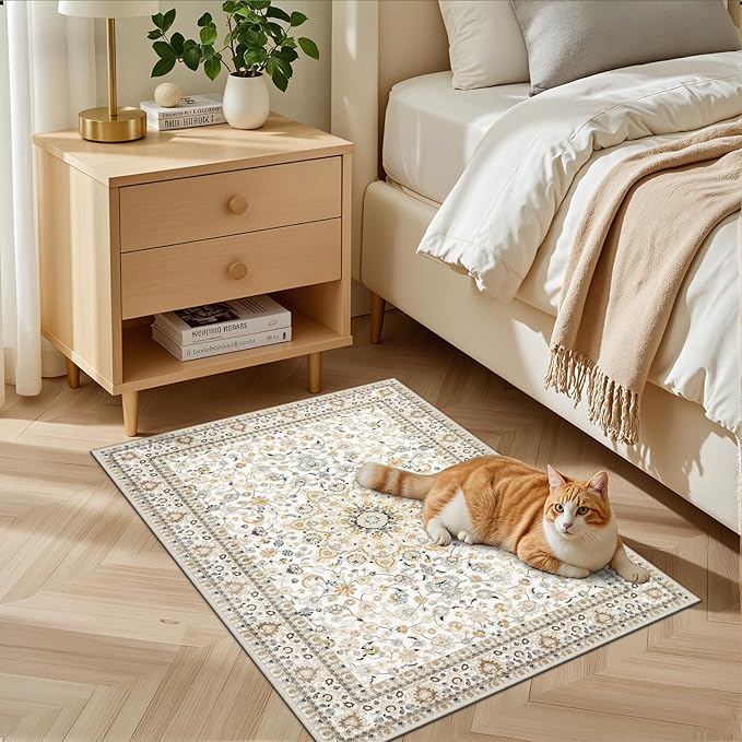 2x3 Area Rugs Living Room Rug: Washable Vintage Boho Rug No Slip Stain Resistant Soft Carpet Indoor Floor Floral Large Carpets for Bedroom Dining Room Farmhouse Nursery Hallway Home Office Beige