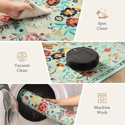 Rugflix 2x6 Runner Rug for Hallway, Washable Kitchen Runner Non Slip, Soft Low Pile Entryway Carpet, Vintage Floral Stain Resistant Long Laundry Room Rugs for Bedroom, Stairs, Green