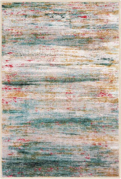 KOZYFLY Modern Abstract Small Area Rugs, 2x3 Washable Kitchen Rug Non-Slip Soft Small Bathroom Rug, Green Striped Entryway Rugs Abstract Print Faux Wool Doormat for Bedside Entrance Bedroom Sink