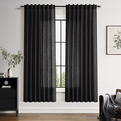 Vintage Black Linen Curtains for Living Room 72 Inches Long Light Filtering Semi Sheer Curtain Back Tab and Rod Pocket Privacy Luxury Gothic Vintage Decor Drapes for Bedroom Office 52x72, 2 Panels