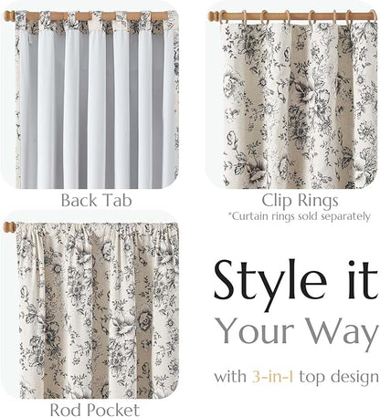 jinchan Blackout Floral Curtains for Living Room Bedroom Linen Blend Curtain Farmhouse Black Printed with Lined Back Tab Rod Pocket Drapes Window Treatments 2 Panels 96 Inch