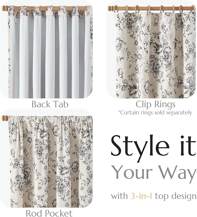 jinchan Blackout Floral Curtains for Living Room Bedroom Linen Blend Curtain Farmhouse Black Printed with Lined Back Tab Rod Pocket Drapes Window Treatments 2 Panels 72 Inch