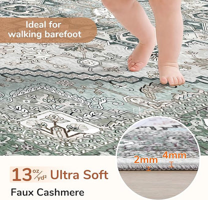 OPPODREAM Soft Area Rugs 4x6, Low-Pile Washable Rugs 4x6 with Non Slip Backing, Faux Cashmere 4 x 6 Throw Carpet, Green