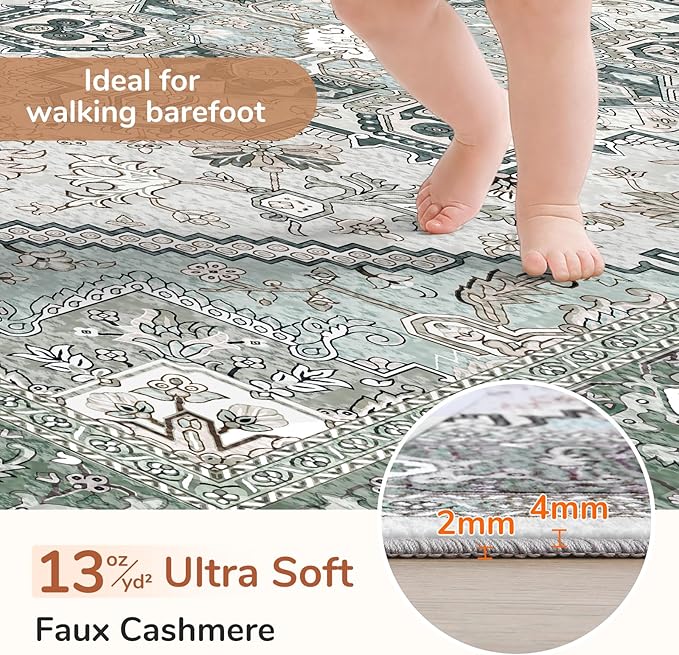 OPPODREAM Soft 8x10 Area Rugs, Washable Rugs 8x10 with Non Slip Backing, Faux Cashmere Low-Pile 8 x 10 Carpet, Green