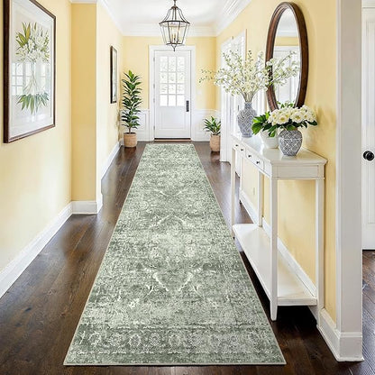 2'6"x12' Washable Hallway Runner Rug - Non Slip Kitchen Runner Rugs with Rubber Backing Vintage Low-Pile Carpet Runners for Entryway Dining Room Laundry Room Home Decor (Muted Sage Green)
