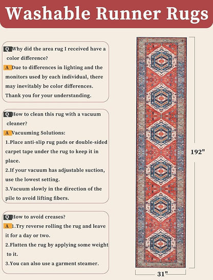 SERISSA Runner Rug for Hallways, 2'6"x16' Washable Non Slip Kitchen Runner Rug, Extra Long Boho Rug Ultra Soft Vintage Rust Print Floor Carpet for Bedroom Hallway Entryway Bathroom Laundry Room