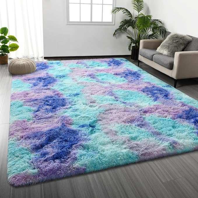 Large Shag Area Rugs 6 x 9, Tie-Dyed Plush Fuzzy Rugs for Living Room, Ultra Soft Fluffy Furry Rug for Bedroom, Indoor Carpet Nursery Rugs for Kids Room Home Decor, Rainbow