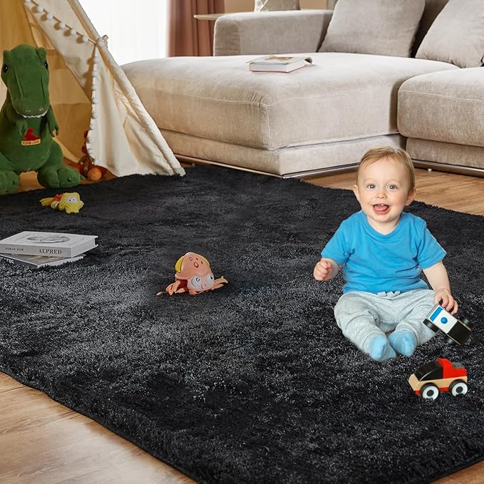 Large Shag Rugs 9X12, Plush Fuzzy Area Rugs for Living Room, Large Shag Fluffy Bedroom Carpet, Furry Rugs for Girls Boys Kids Room, Extra Large Fuzzy Rug, Shag Carpet, Black