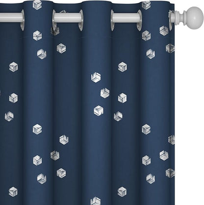 Deconovo Designer Series Silver Cubic Print Blackout Curtains for Living Room Bedroom, Thermal Insulated Soundproof Window Drapes, Grommet Top, Navy Blue,52W x 95L Inch, 2 Panels