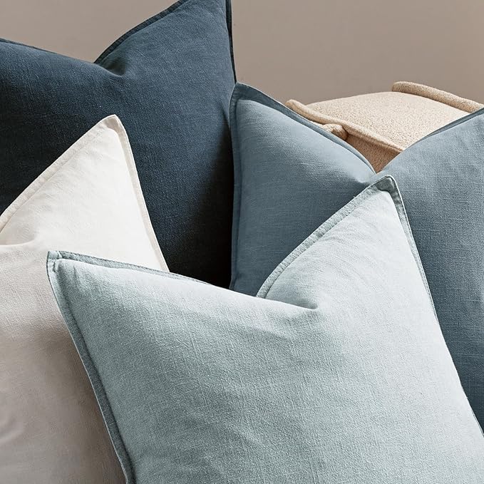 MIULEE Blue Linen Pillow Covers Pack of 4 Decorative Natural Throw Pillow Covers Soft Accent Boho Farmhouse Couch Pillowcases Modern Spring Home Coastal Decor for Living Room Bed Sofa 20x20 Inch