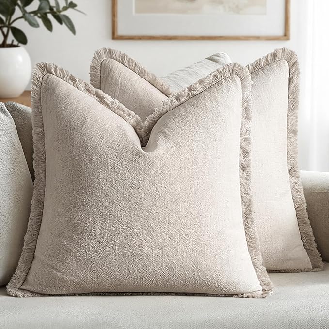 MIULEE Decorative Throw Pillow Covers Neutral Linen Fringe Throw Pillows Set of 2 Natural Beige Boho Farmhouse Cushion Covers with Tassels for Couch Sofa Bed Living Room Spring Decor 16x16 Inch