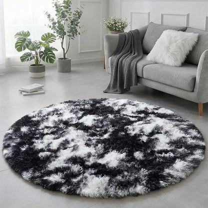 Amdrebio Black White Grey Round Rug 4Ft Circle Area Rugs for Bedroom Living Room, Fluffy Fuzzy Shaggy Furry Rugs for Kids Room Dorm Home Office, Shag Plush Floor Modern Cool Carpet for Men Teen Boys