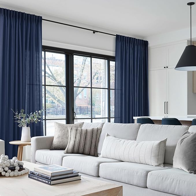 Navy Blue Curtains 98 inch Length for Bedroom Back Tab Light Filtering Semi Sheer Blue Living Room Curtains Linen Cotton Textured Indigo Blue Drapery Panel Modern Farmhouse Aesthetic Decor Dark Blue
