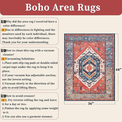 SERISSA Boho Area Rugs for Entryway, 3x4 Washable Non-Slip Kitchen Rug, Ultra Soft Print Distressed Rust Rug Low-Pile Throw Door Mat Indoor Entrance Carpet for Bedroom Living Room Dorm Decor