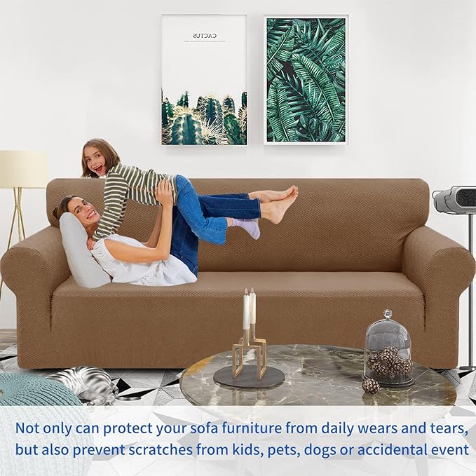 ZNSAYOTX 1 Piece Jacquard Couch Covers for 2 Cushion Couch High Stretch Loveseat Slipcover for Pets Dogs Anti Slip Love Seat Sofa Slipcover Furniture Protector (Medium,New Pattern Light Coffee)
