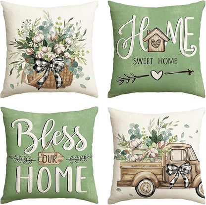 AVOIN colorlife Bless Our Home Farmhouse Eucalyptus Leaves Throw Pillow Covers, 16 x 16 Inch Green Truck Home Sweet Cushion Case Decorations Set of 4